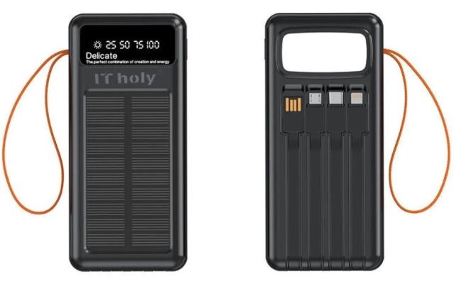 IT Holy B53 Solar Power Bank 50000mAh, 10W Charging | Solar Panel Portable Charger with 4 built-in cables | Digital Display LED Torch | Compatible with Smartphones Tablets - Black